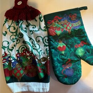 Christmas Kitchen  Towel with Hand Crochet top to Hang with a Mitt Pot